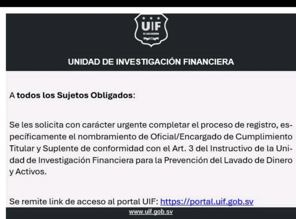 Unidad de Investigación Financiera - Nombramiento de Oficial/Encargado de Cumplimiento